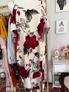 SHEIN Cream Midi Dress with Red Rose & Gray Leaf Print